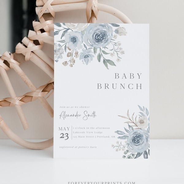 Floral Baby Brunch Invitation Boy, Baby Boy Invitation, Editable Invitation Instant Download