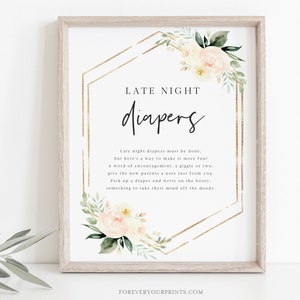 Printable Late Night Diapers Sign, Boho Floral Baby Shower Games, Baby Shower Sign, Diaper Notes, Editable Template
