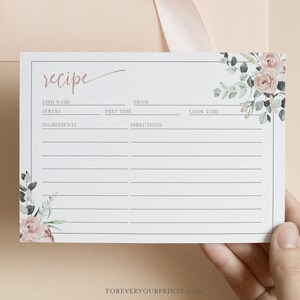 Afdrukbare receptenkaart, direct downloaden, 100% bewerkbare sjabloon, recept invoegen vrijgezellenfeest, blush roze bloemen