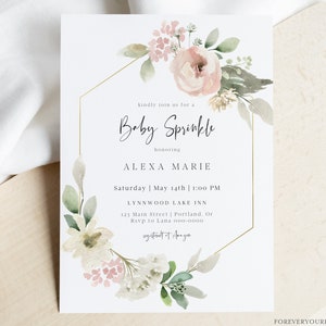 Baby Sprinkle Invitation Girl, Baby Sprinkle Invite Template, Modern, Floral, Edit Yourself, Instant Download