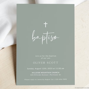 Baptism Invitation Template, Editable Baptism Invite, Modern Minimalist, Baby Boy, Sage Green, Digital Download