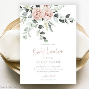 Bridal Luncheon Invitation Template, Floral Wedding Shower Invite, Blush Pink, Editable Invitation Instant Download image 1