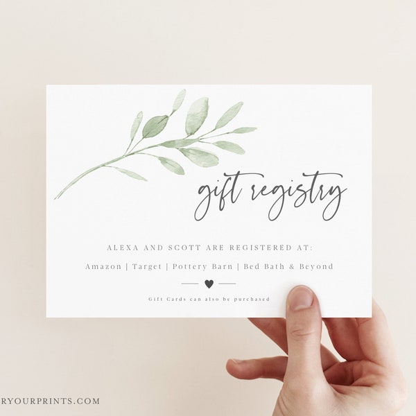 Baby Registry Card Template, Gift Registry Card, Bridal Shower Registry, Greenery, Modern, INSTANT Download