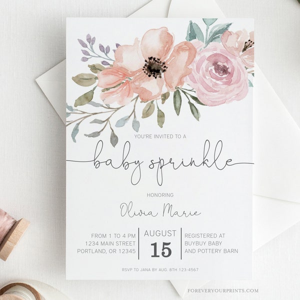 Baby Sprinkle Invitation Girl, Floral Baby Sprinkle Invite, TRY BEFORE You BUY, Edit Yourself, Instant Download