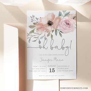Floral Baby Shower Invitation Girl, Oh Baby Invite, Baby Shower Invite, Blush Pink, Baby Sprinkle Invite,  Instant Download
