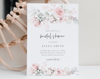 Floral Bridal Shower Invite, Minimalist Bridal Shower Invitation, Blush Bridal Invitation, Bridal Shower Evite, Editable Template