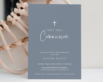 First Communion Invitations, Baptism Invitation, Dusty Blue Minimalist, 100% Editable Template, Printable, Digital Download