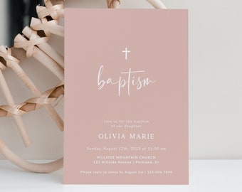 Baptism Invitation Girl, Editable Invitation, Baptism Invite, Baby Girl Christening, Blush Pink, Digital Download, Editable Text