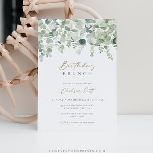 Birthday Brunch Invitation Template, Adult Birthday Party Invite, Greenery Birthday Evite, Modern Luncheon, Editable Text, Any Occasion