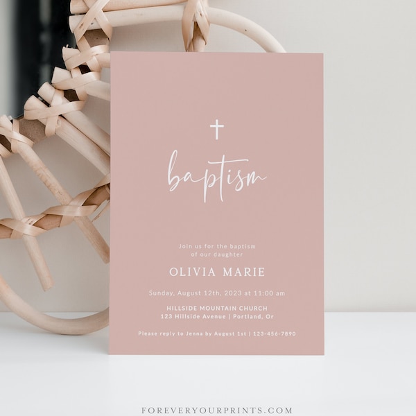 Baptism Invitation Girl, Editable Invitation, Baptism Invite, Baby Girl Christening, Blush Pink, Digital Download, Editable Text