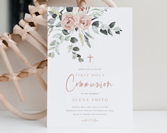 First Communion Invitations, Baptism Invitation, Blush Pink Floral, 100% Editable Template, Printable, Digital Download