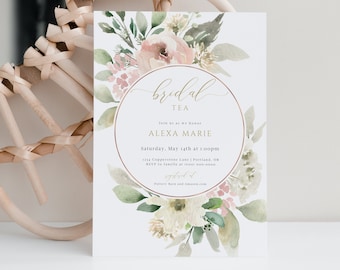 Floral Bridal Tea Invitation Template, Bridal Shower Invites, Blush Pink, Modern, Editable Instant Download