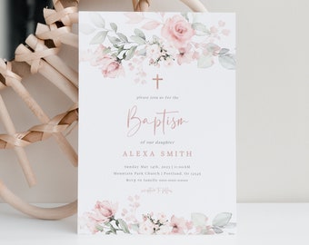 Baptism Invitation Girl, Editable Invitation, Baptism Invite, Baby Girl Christening, Blush Pink, Digital Download, Editable Text