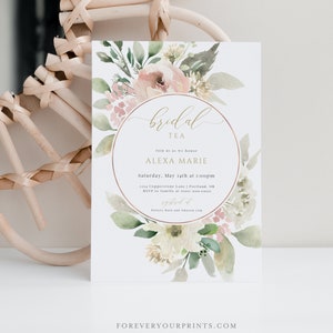 Floral Bridal Tea Invitation Template, Bridal Shower Invites, Blush Pink, Modern, Editable Instant Download