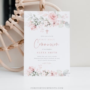 First Communion Invitations, Baptism Invitation, Blush Pink Floral, 100% Editable Template, Printable, Digital Download