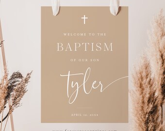 Baptism Welcome Sign Template | Boho Baptism Welcome Poster | Neutral Tones | Minimalist | Printable | Editable Digital Download with Corjl