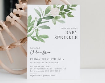 Baby Sprinkle Invitation Girl, Greenery Baby Shower Invite Template, Garden Shower, Modern, Floral, Instant Download