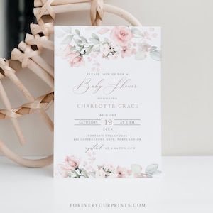 Baby Sprinkle Invitation Girl, Floral Baby Shower Invite Template, Garden Shower, Modern, Blush Pink, Instant Download