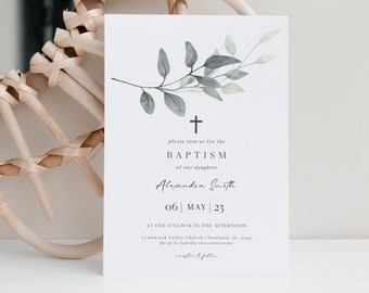 Classic Baptism Invite, Christening Invitation, Eucalyptus Baptism, Modern Greenery, Gender Neutral, Editable Instant Download