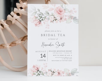 Floral Bridal Tea Invitation Template, Bridal Shower Invites, Blush Pink, Modern, Editable Instant Download, Any Occasion