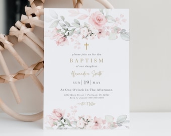 Baptism Invitation Girl, Editable Invitation, Baptism Invite, Baby Girl Christening, Blush Pink, Digital Download, Editable Text