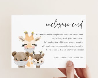 Baby Shower Enclosure Card Template, Editable Details Card, Jungle Safari, Baby Sprinkle, Farm Animals, Instant Download, Any Occasion