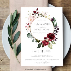 Floral Wedding Invitation Template, Burgundy Wedding Invitation Printable Wedding Invite