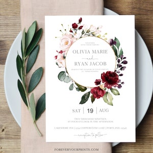 Florale Hochzeitseinladung Vorlage, Burgunder Hochzeitseinladung Printable Hochzeit einladen