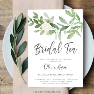 Floral Bridal Tea Invitation Template, Greenery Bridal Shower Evite, Editable Instant Download
