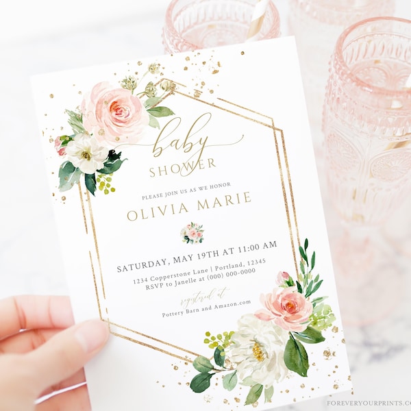 Floral Baby Shower Invitation Girl, TRY BEFORE You BUY, Baby Girl Shower Invitation Instant Download