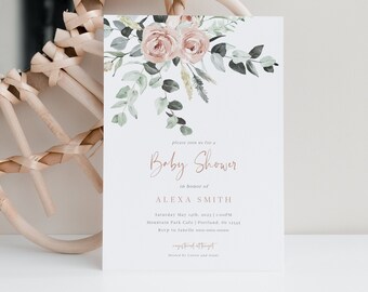 Floral Baby Shower Invitation Girl, Oh Baby Invite, Blush Baby Shower Evite, Editable Invitation, Corjl