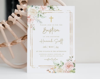 Baptism Invitation Girl, Dusty Pink Floral, Printable Baptism Invite, Editable, INSTANT Download