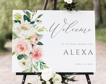 Baby Shower Welcome Sign Template, Baby Shower Decor, Blush Pink Floral, Digital Download