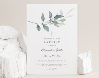 Baptism Invitation Template, Christening Invites, Minimalist Baptism, TRY BEFORE You BUY, Editable Instant Download