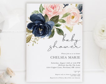 Printable Baby Shower Invitation Girl, Navy and Blush Floral Baby Shower Invite