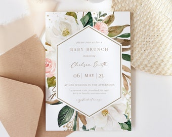Baby Brunch Invitation Girl, Magnolia Floral Baby Shower Invite, Editable Instant Download, Any Occasion