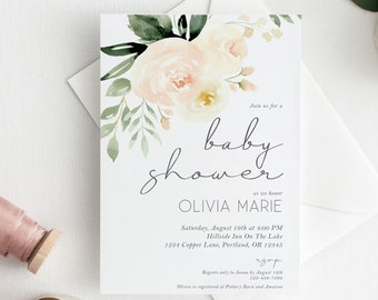 Baby Girl Shower Invitation Template, 100% Editable Text, Floral Baby Shower Invite Instant Download