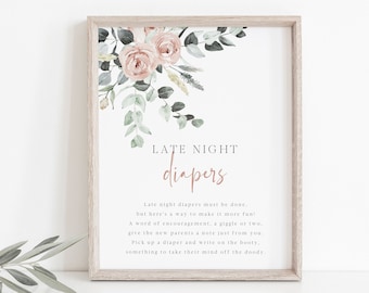 Printable Late Night Diapers Sign, Boho Floral Baby Shower Games, Baby Shower Sign, Blush Pink, Diaper Notes, Editable Template