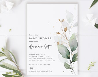 Printable Baby Shower Invitation Template, Eucalyptus Baby Shower Invites, Greenery Invitation, Includes Thank You Card