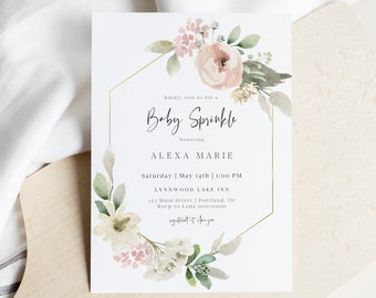 Baby Sprinkle Invitation Girl, Baby Sprinkle Invite Template, Modern, Floral, Edit Yourself, Instant Download