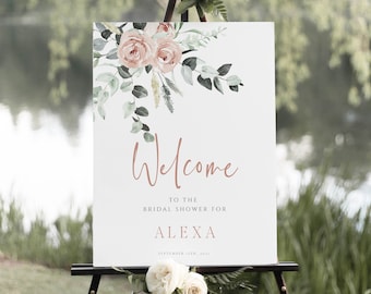 Bridal Shower Welcome Sign Template, Blush Pink Floral Wedding Welcome Sign, Digital Download