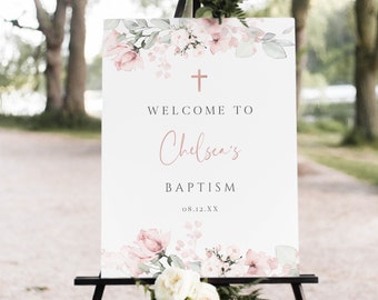 Baptism Welcome Sign Template, Christening Welcome Poster, Blush Pink Floral, Printable First Communion Signage, Editable Instant Download