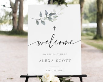 Baptism Welcome Sign Template, Christening Welcome Poster, Eucalyptus Greenery, Printable, Editable Instant Download