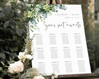 Printable Seating Chart Template, Wedding Seating Sign, Instant Download, 100% Editable Text, Greenery, 4 Poster Sizes Included