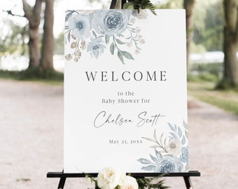 Baby Shower Welcome Sign, Floral Baby Shower Welcome Sign, Boy Baby Shower Sign, Floral Welcome Poster, Dusty Blue