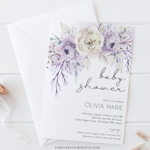 EDITABLE Lilac Floral Baby Shower Invitation Girl Purple Baby Etsy