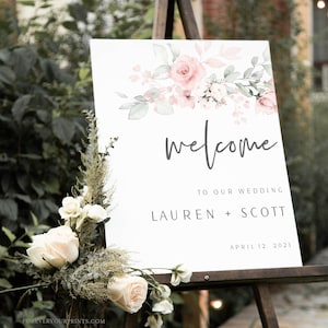 Wedding Welcome Sign Template, Wedding Signage, Wedding Decor, Editable and Printable, Floral Flower, Digital Download image 1