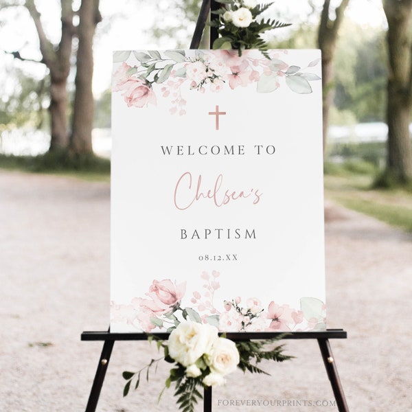 Baptism Welcome Sign Template, Christening Welcome Poster, Blush Pink Floral, Printable First Communion Signage, Editable Instant Download
