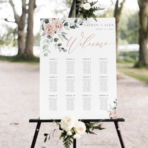 Zitplaatsgrafieksjabloon, bewerkbare en afdrukbare instant download, zitplan, bruiloftsteken, bloemenblush roze, digitale download