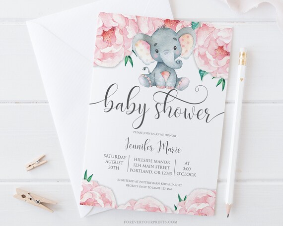 Elephant Baby Shower Invitation Girl Template, TRY BEFORE You BUY | Editable Instant Download Il_570xn